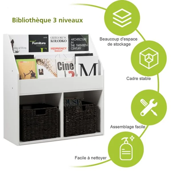 Étagère de Rangement de Jouets pour Enfants avec 3 Compartiments et 2 Cubes Ouverts en Bois 73 X 30 X 80cm Blanc