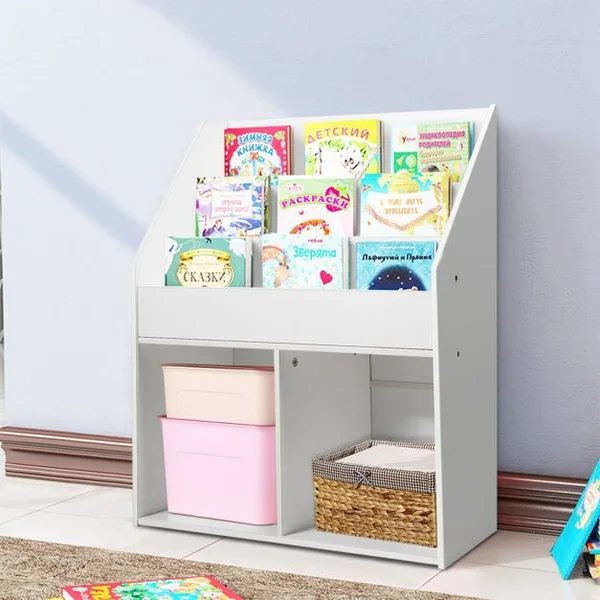 Étagère de Rangement de Jouets pour Enfants avec 3 Compartiments et 2 Cubes Ouverts en Bois 73 X 30 X 80cm Blanc