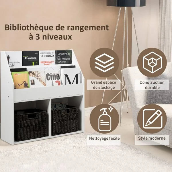 Étagère de Rangement de Jouets pour Enfants avec 3 Compartiments et 2 Cubes Ouverts en Bois 73 X 30 X 80cm Blanc