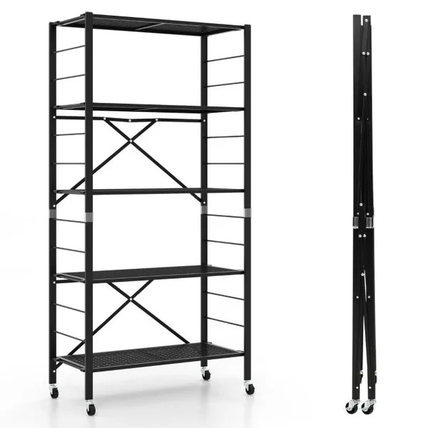 Étagère de Rangement Pliante avec Roues Etagère charge lourde avec Étagère Réglable en Hauteur pour Cuisine Salon Garage Noir