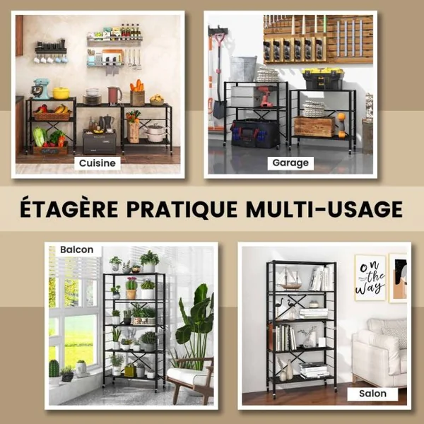 Étagère de Rangement Pliante avec Roues Etagère charge lourde avec Étagère Réglable en Hauteur pour Cuisine Salon Garage Noir