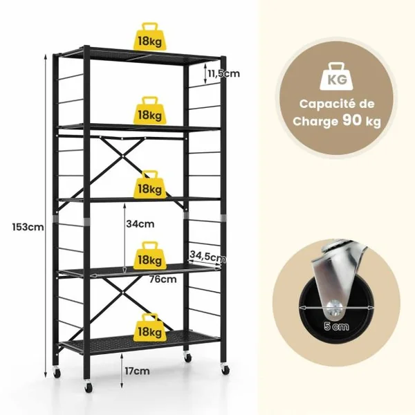 Étagère de Rangement Pliante avec Roues Etagère charge lourde avec Étagère Réglable en Hauteur pour Cuisine Salon Garage Noir
