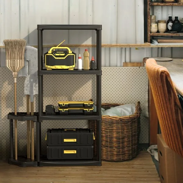 Étagère de Rangement à 4 Niveaux en Plastique avec Support d'Outils à 12 Trous 60x30x133 CM Étagère de Garage pour Atelier Noir