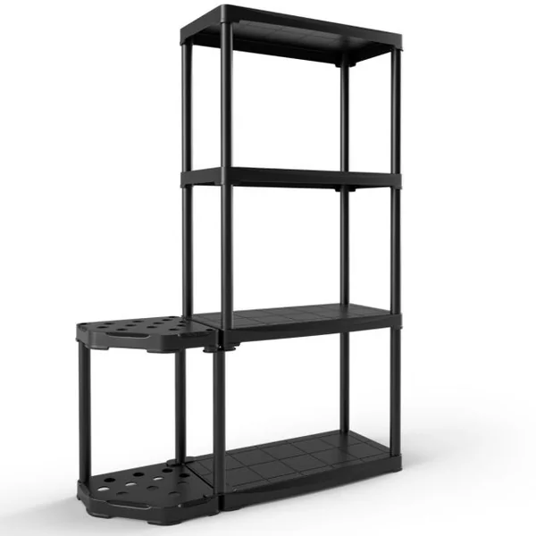 Étagère de Rangement à 4 Niveaux en Plastique avec Support d'Outils à 12 Trous 60x30x133 CM Étagère de Garage pour Atelier Noir