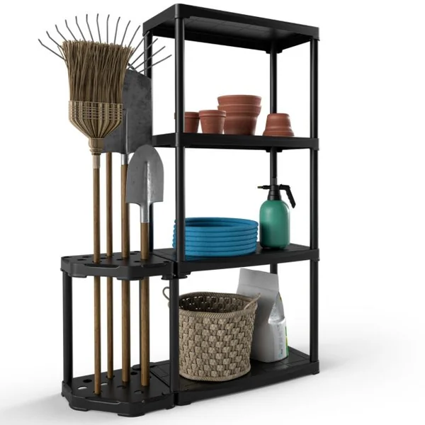 Étagère de Rangement à 4 Niveaux en Plastique avec Support d'Outils à 12 Trous 60x30x133 CM Étagère de Garage pour Atelier Noir