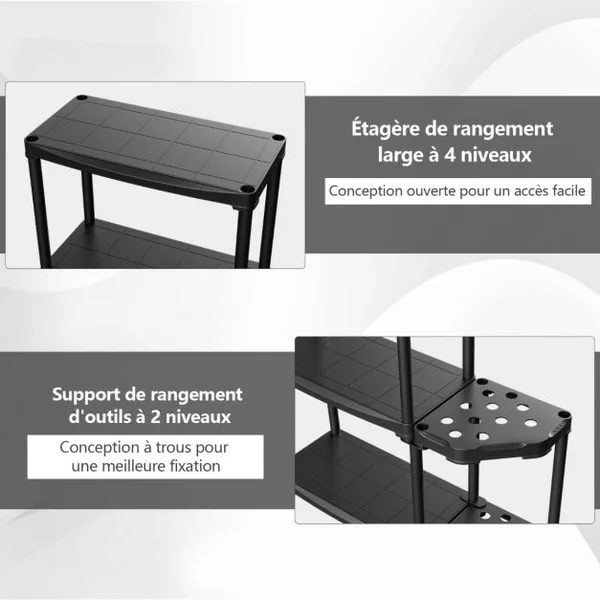 Étagère de Rangement à 4 Niveaux en Plastique avec Support d'Outils à 12 Trous 60x30x133 CM Étagère de Garage pour Atelier Noir