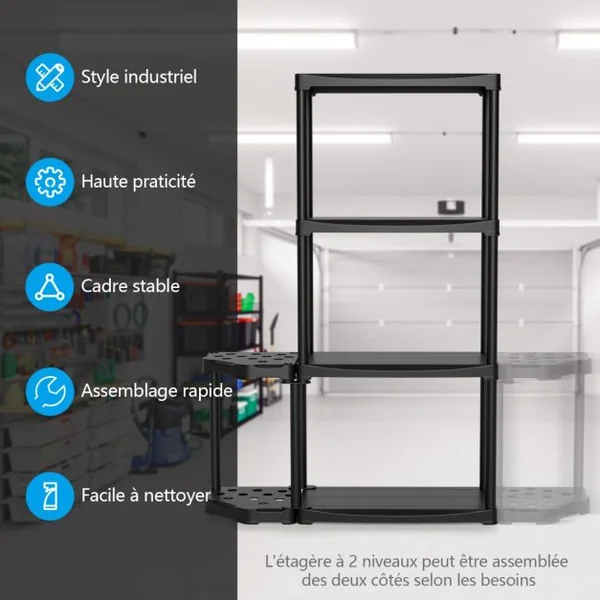 Étagère de Rangement à 4 Niveaux en Plastique avec Support d'Outils à 12 Trous 60x30x133 CM Étagère de Garage pour Atelier Noir