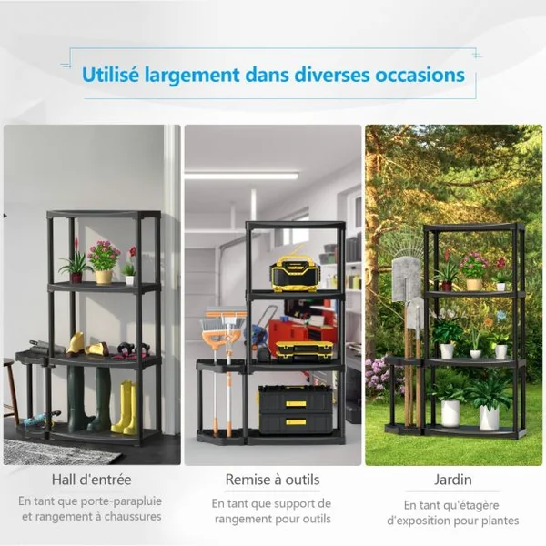 Étagère de Rangement à 4 Niveaux en Plastique avec Support d'Outils à 12 Trous 60x30x133 CM Étagère de Garage pour Atelier Noir