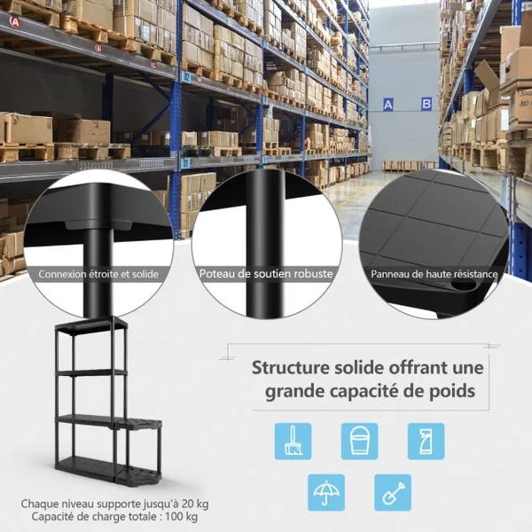 Étagère de Rangement à 4 Niveaux en Plastique avec Support d'Outils à 12 Trous 60x30x133 CM Étagère de Garage pour Atelier Noir