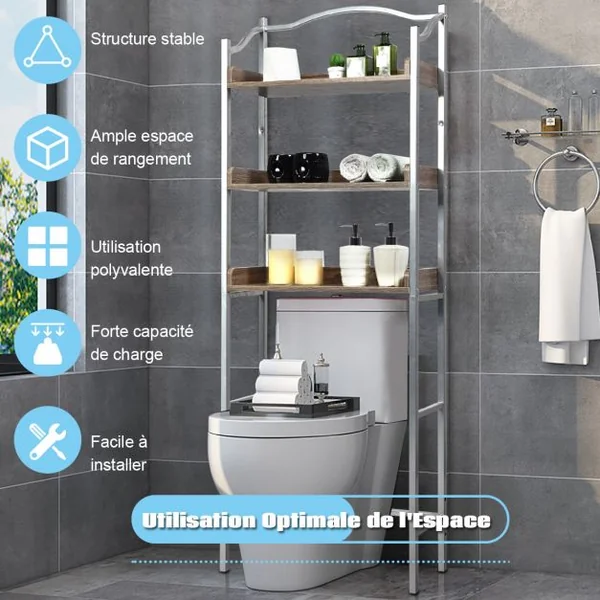 Étagère de Salle de Bain Dessus Toilettes à 3 Niveaux avec Tablettes Réglables 61 x 22,5 x 167,5 cm Charge 10 kg