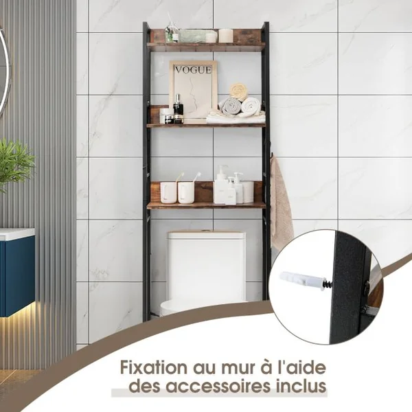 Étagère de Toilettes Meuble de Rangement de Salle de Bain à 3 Niveaux à Style Industriel Étagère de Rangement Marron