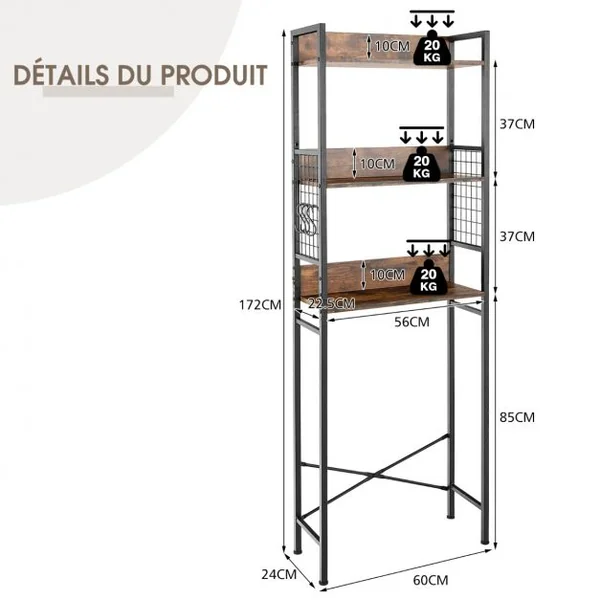 Étagère de Toilettes Meuble de Rangement de Salle de Bain à 3 Niveaux à Style Industriel Étagère de Rangement Marron