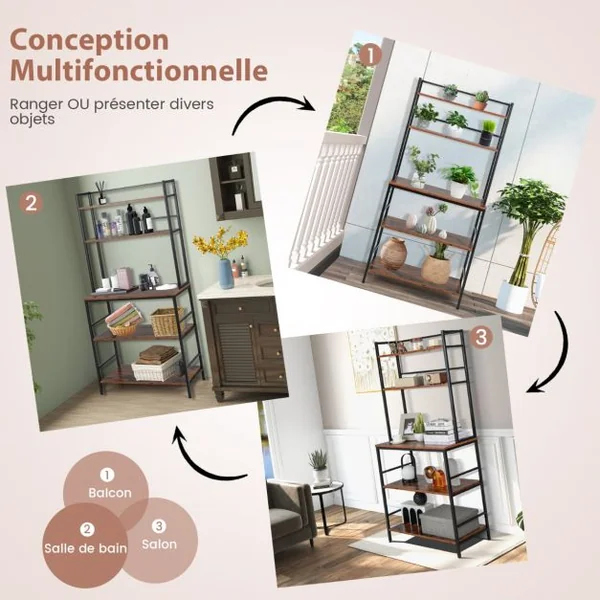 Étagère Desserte de Cuisine 5 Niveaux Support pour Four à Micro-Ondes avec Pieds Antidérapants Réglables Style Industriel Marron