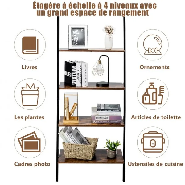 Étagère Echelle Bibliothèque Murale à 4 niveaux 64x35x150cm Marron rustique