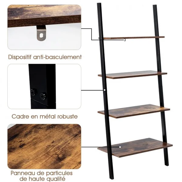 Étagère Echelle Bibliothèque Murale à 4 niveaux 64x35x150cm Marron rustique