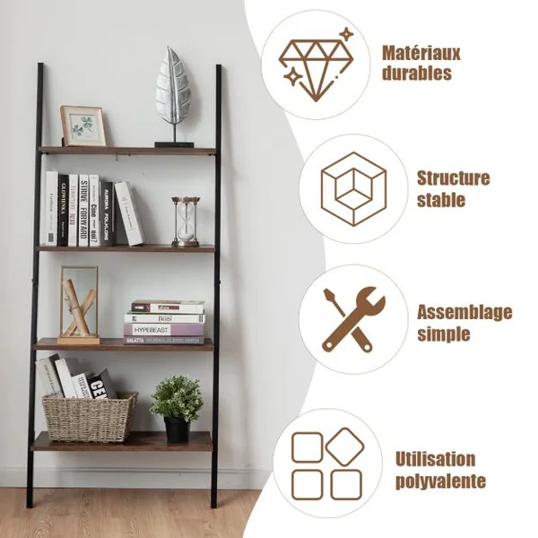Étagère Echelle Bibliothèque Murale à 4 niveaux 64x35x150cm Marron rustique