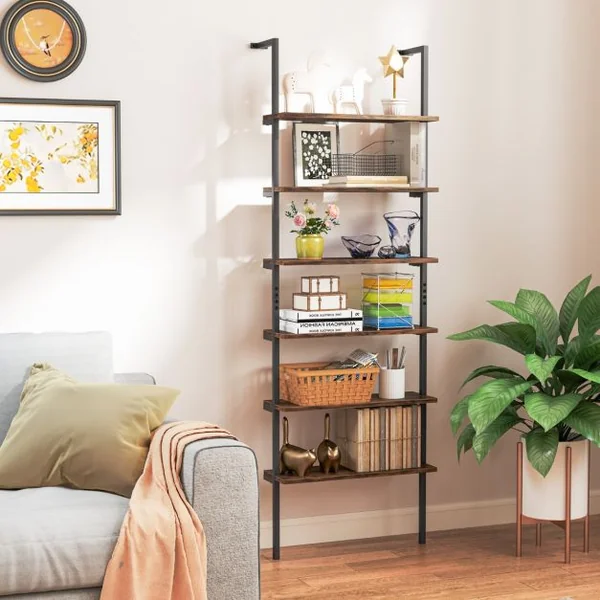 Étagère Echelle à 6 Niveaux Etagère Murale avec Cadre en Métal Etagère Ouverte de Style Industriel Gris