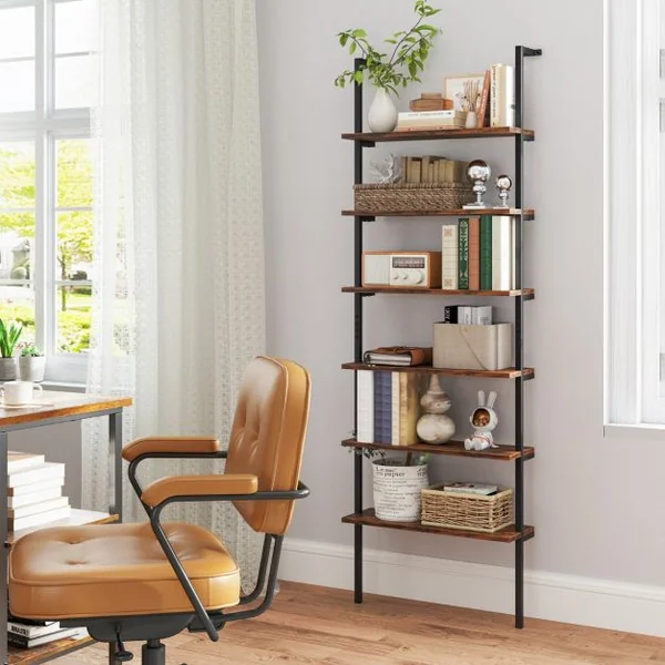 Étagère Echelle à 6 Niveaux Etagère Murale avec Cadre en Métal Etagère Ouverte de Style Industriel Gris