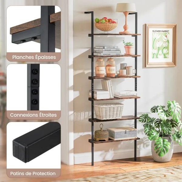 Étagère Echelle à 6 Niveaux Etagère Murale avec Cadre en Métal Etagère Ouverte de Style Industriel Gris