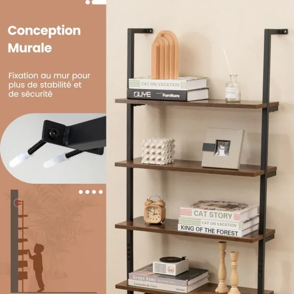 Étagère Echelle à 6 Niveaux Etagère Murale avec Cadre en Métal Etagère Ouverte de Style Industriel Gris