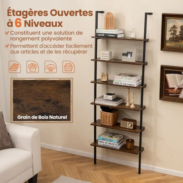 Étagère Echelle à 6 Niveaux Etagère Murale avec Cadre en Métal Etagère Ouverte de Style Industriel Gris