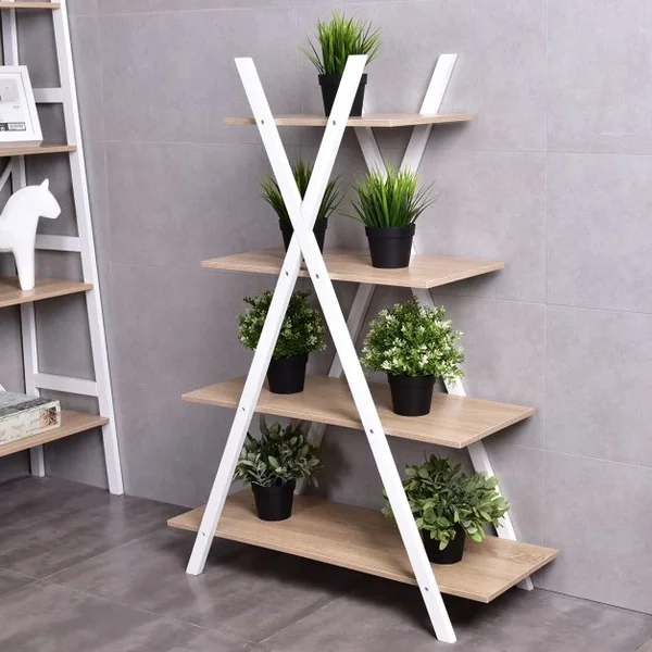 Étagère en Échelle Bibliothèque 4 Niveaux en Forme X Capacité 40 Kg en Mdf et Bois de Pin 80x33x109cm Blanc+Chêne