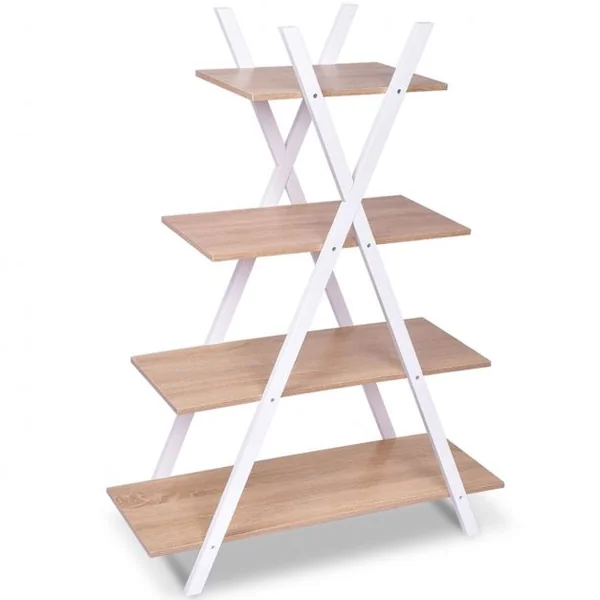 Étagère en Échelle Bibliothèque 4 Niveaux en Forme X Capacité 40 Kg en Mdf et Bois de Pin 80x33x109cm Blanc+Chêne