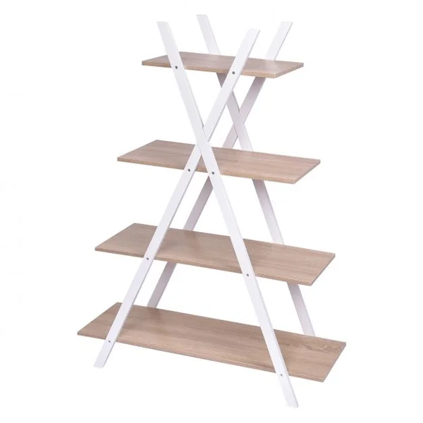 Étagère en Échelle Bibliothèque 4 Niveaux en Forme X Capacité 40 Kg en Mdf et Bois de Pin 80x33x109cm Blanc+Chêne