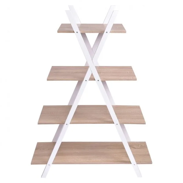 Étagère en Échelle Bibliothèque 4 Niveaux en Forme X Capacité 40 Kg en Mdf et Bois de Pin 80x33x109cm Blanc+Chêne