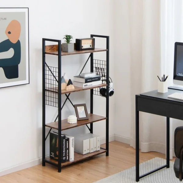 Étagère Industrielle à 4 Niveaux Bibliothèque Multifonctionnelle avec Patins et Étagère Réglables pour Salon Bureau Café