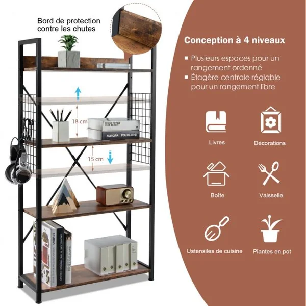 Étagère Industrielle à 4 Niveaux Bibliothèque Multifonctionnelle avec Patins et Étagère Réglables pour Salon Bureau Café