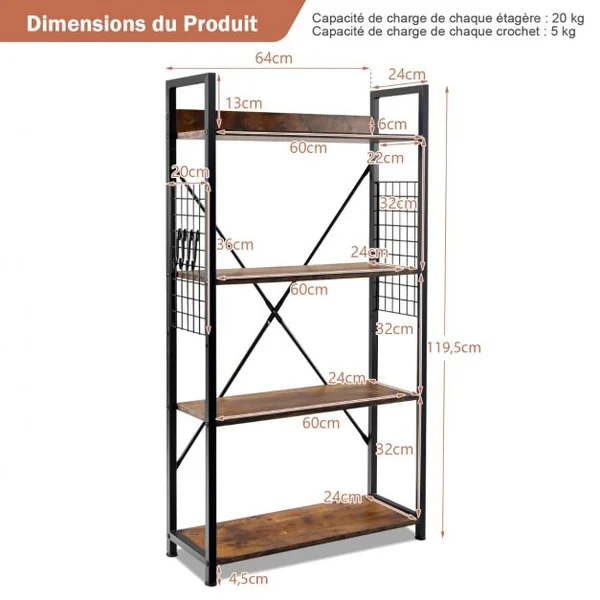 Étagère Industrielle à 4 Niveaux Bibliothèque Multifonctionnelle avec Patins et Étagère Réglables pour Salon Bureau Café