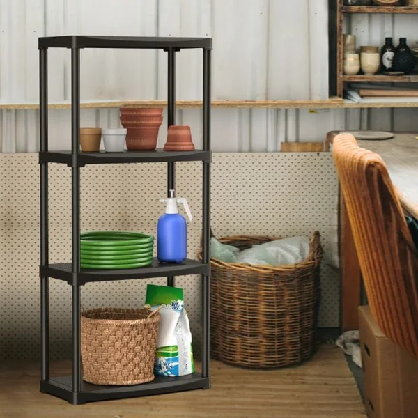 Étagère Meuble de Rangement 4 Niveaux en Plastique 60x30x133 CM pour Garage Salles de Bains Cuisines Conception Détachable Noir