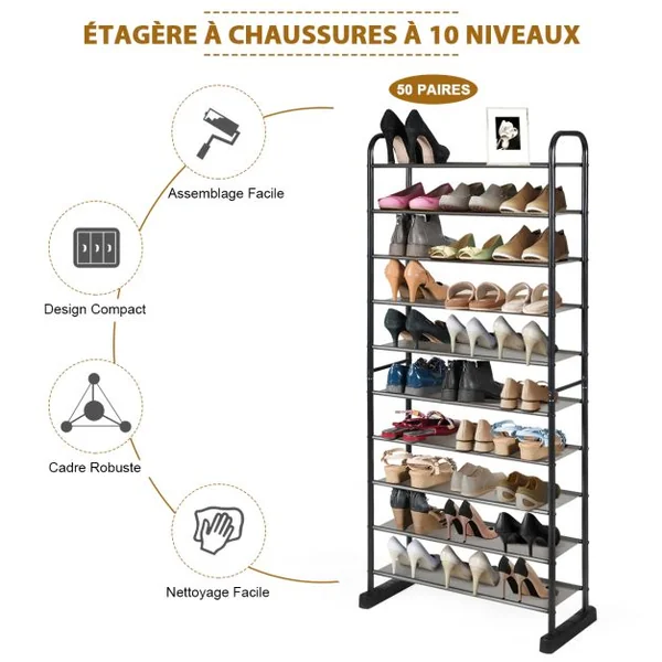 Étagère Meuble à Chaussures 10 Niveaux pour 50 Paires avec Étagère Amovible et Cadre en Métal pour Salon Couloir Vestiaire