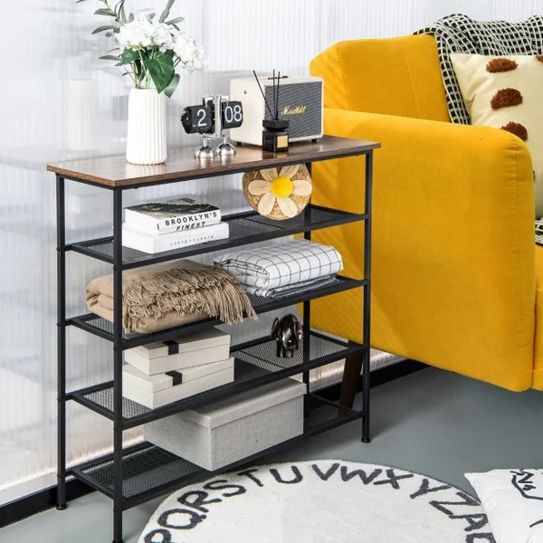 Étagère Meuble à Chaussures en Métal avec Patins Antidérapants Réglables Table Console à 5 Niveaux avec Étagères Amovibles