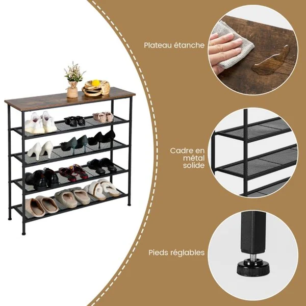 Étagère Meuble à Chaussures en Métal avec Patins Antidérapants Réglables Table Console à 5 Niveaux avec Étagères Amovibles