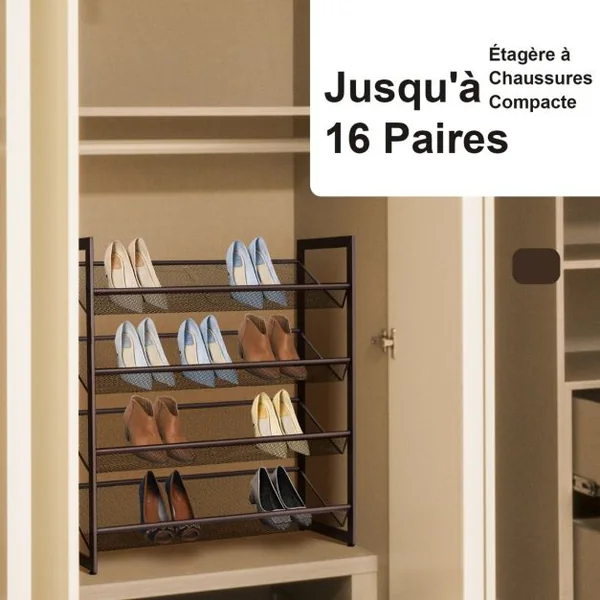 Étagère Meuble à Chaussures en Métal à 4 Niveaux avec 2 Modes de Placement Porte-Chaussures pour Salon Entrée et Vestiaire