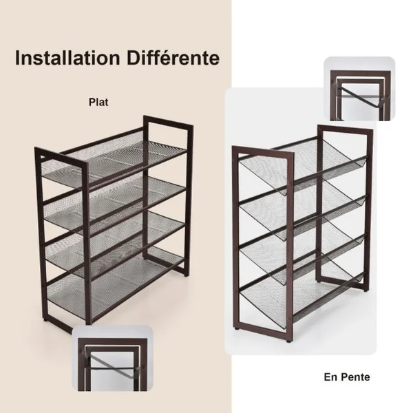 Étagère Meuble à Chaussures en Métal à 4 Niveaux avec 2 Modes de Placement Porte-Chaussures pour Salon Entrée et Vestiaire