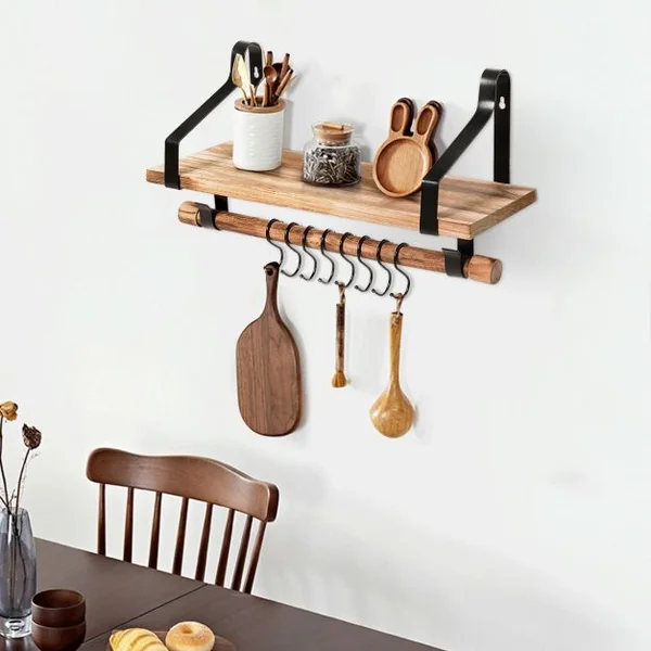 Étagère Murale en Bois et Métal Porte-Épices pour Cuisine avec 8 Crochets Etagère