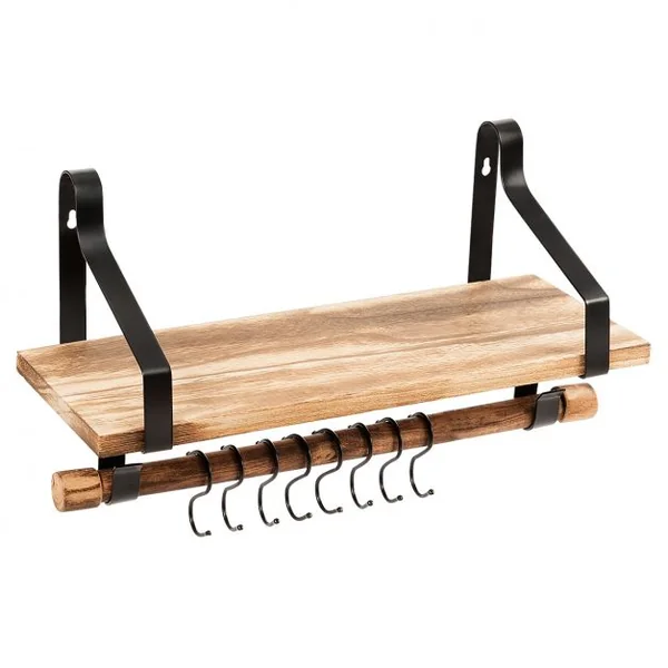 Étagère Murale en Bois et Métal Porte-Épices pour Cuisine avec 8 Crochets Etagère
