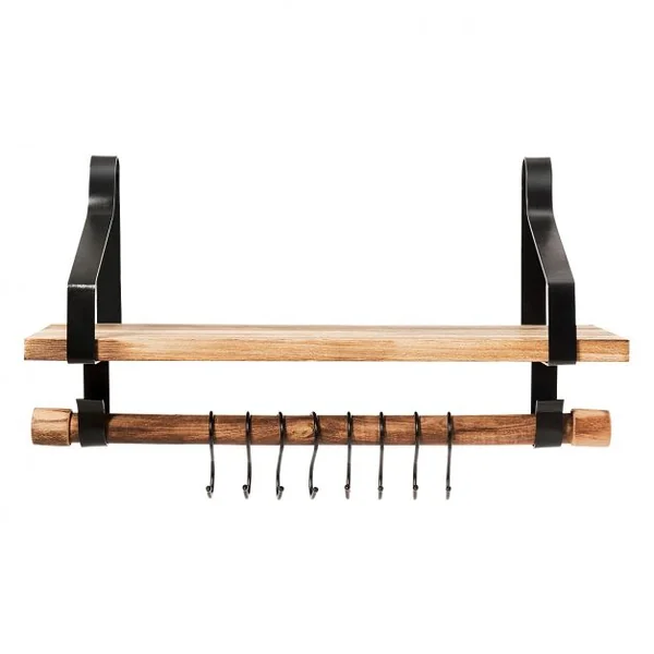 Étagère Murale en Bois et Métal Porte-Épices pour Cuisine avec 8 Crochets Etagère