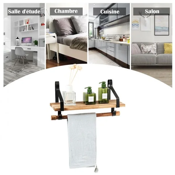 Étagère Murale en Bois et Métal Porte-Épices pour Cuisine avec 8 Crochets Etagère