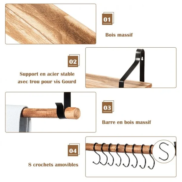 Étagère Murale en Bois et Métal Porte-Épices pour Cuisine avec 8 Crochets Etagère