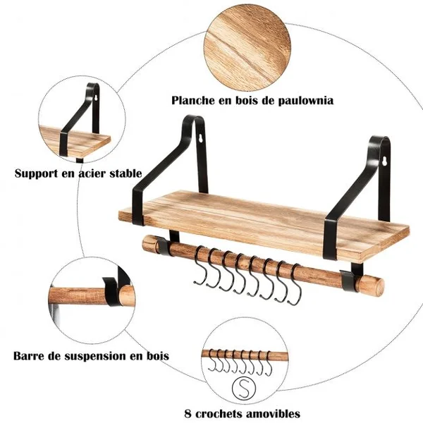 Étagère Murale en Bois et Métal Porte-Épices pour Cuisine avec 8 Crochets Etagère