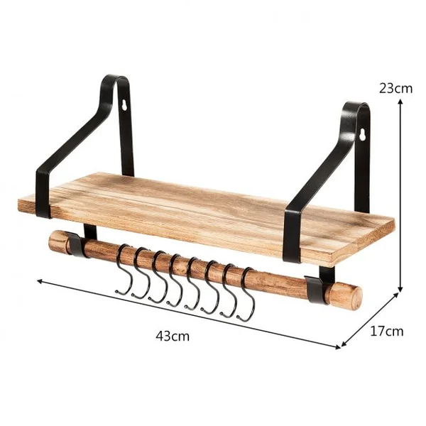 Étagère Murale en Bois et Métal Porte-Épices pour Cuisine avec 8 Crochets Etagère