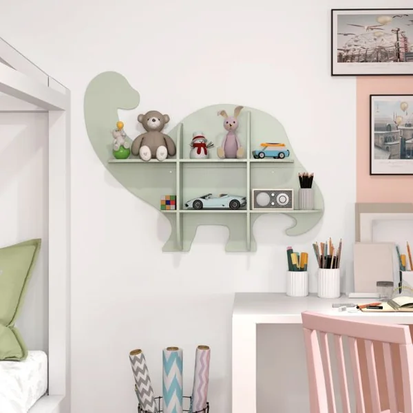 Étagère Murale Flottante en Forme de Dinosaure pour Enfants Bibliothèque en Bois à 2 Niveaux Étagère Murale Vert