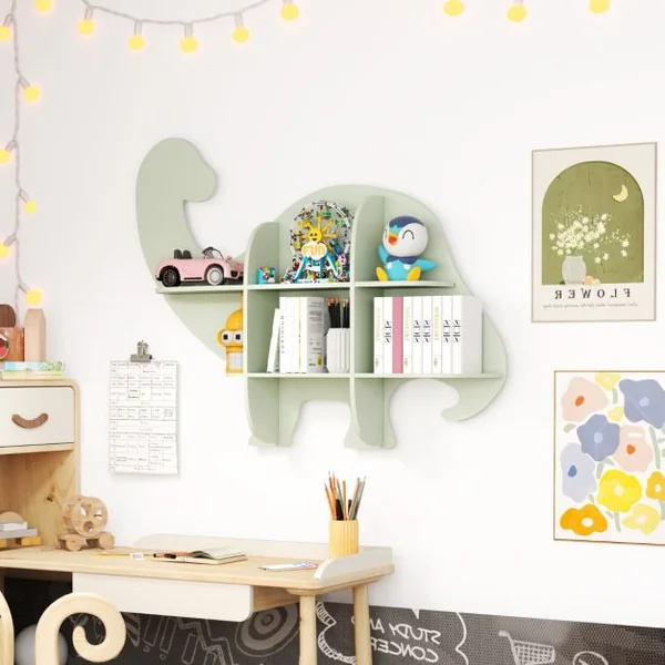 Étagère Murale Flottante en Forme de Dinosaure pour Enfants Bibliothèque en Bois à 2 Niveaux Étagère Murale Vert