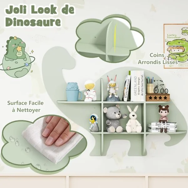Étagère Murale Flottante en Forme de Dinosaure pour Enfants Bibliothèque en Bois à 2 Niveaux Étagère Murale Vert