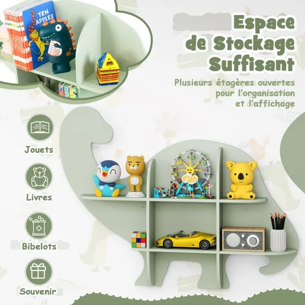 Étagère Murale Flottante en Forme de Dinosaure pour Enfants Bibliothèque en Bois à 2 Niveaux Étagère Murale Vert
