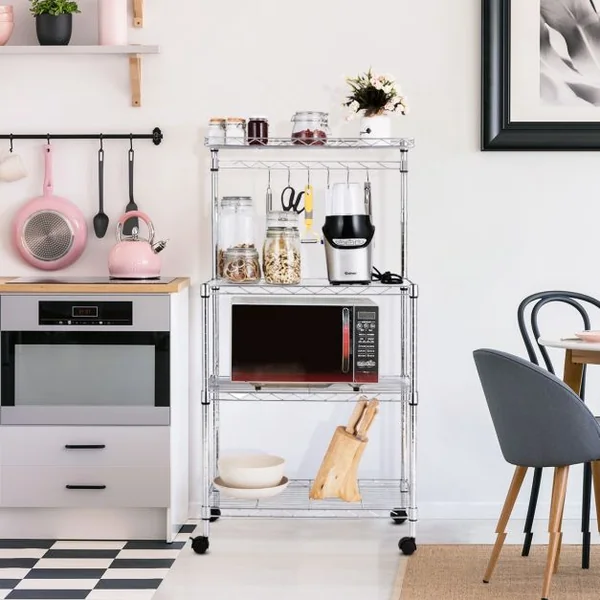 Étagère pour Micro-ondes à Roulettes Rangement de Cuisine à 4 Niveaux pour Epices en Métal 62x35x119cm Argenté